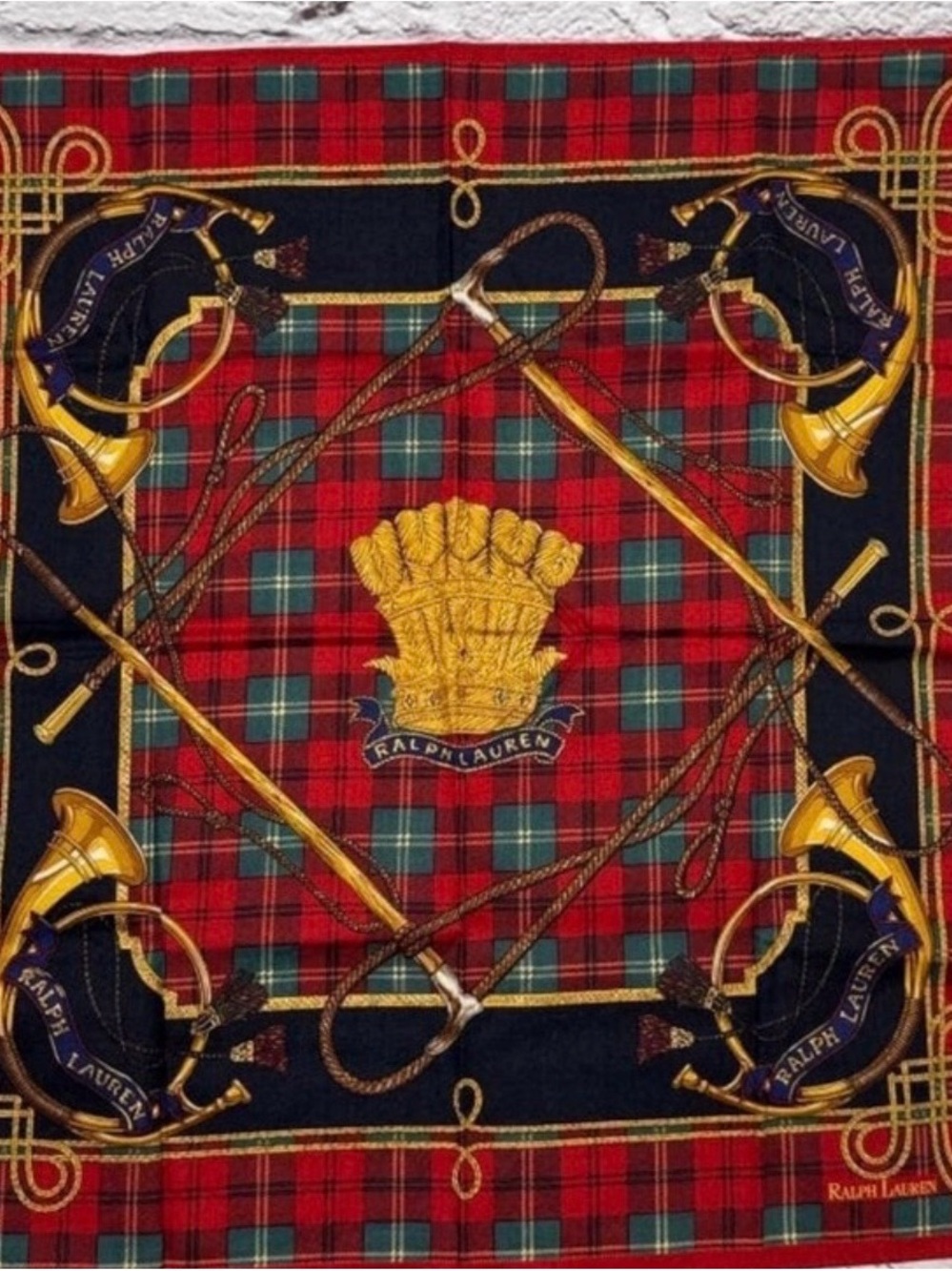 Ralph Lauren Red and Navy Tartan Holiday Throw with Gold Motifs